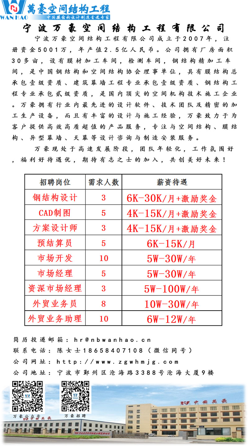 寧波萬(wàn)豪空間結(jié)構(gòu)工程有限公司招聘啦！